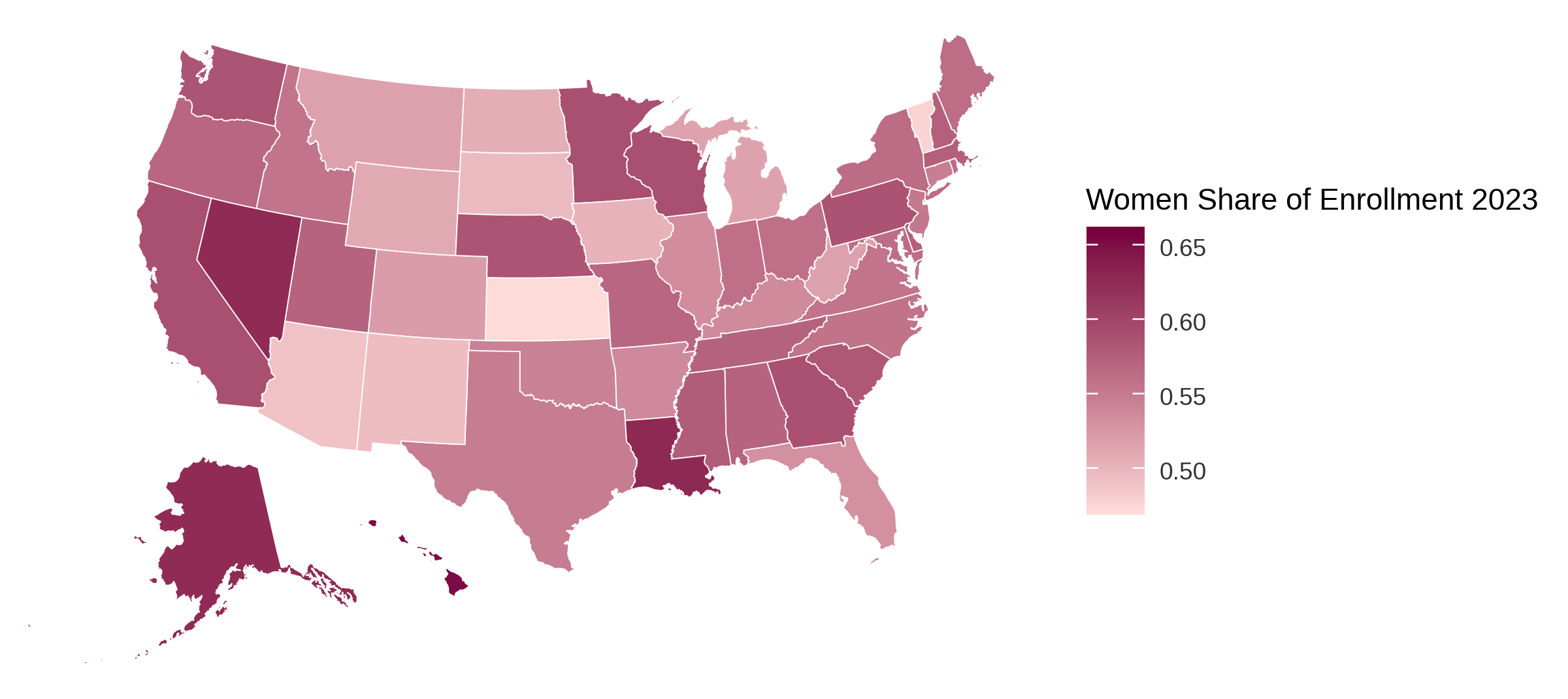 US state map: women’s share of college enrollment by state, 2023.