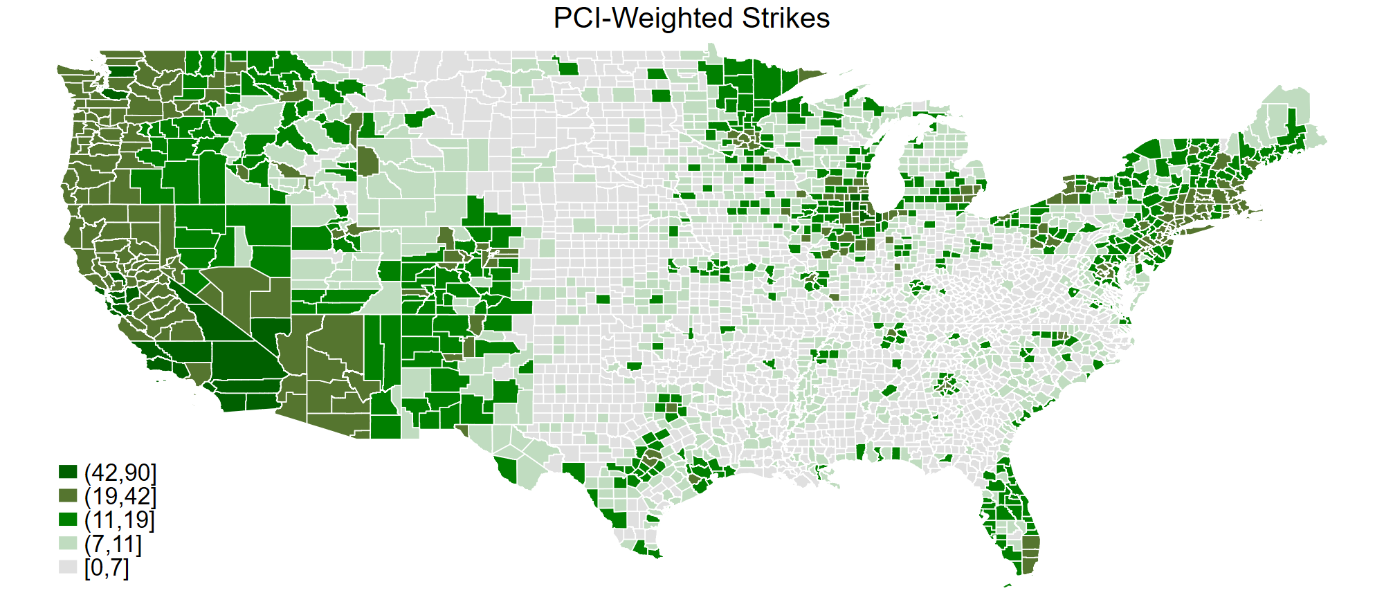 US county map: PCI-weighted strike exposure by county.