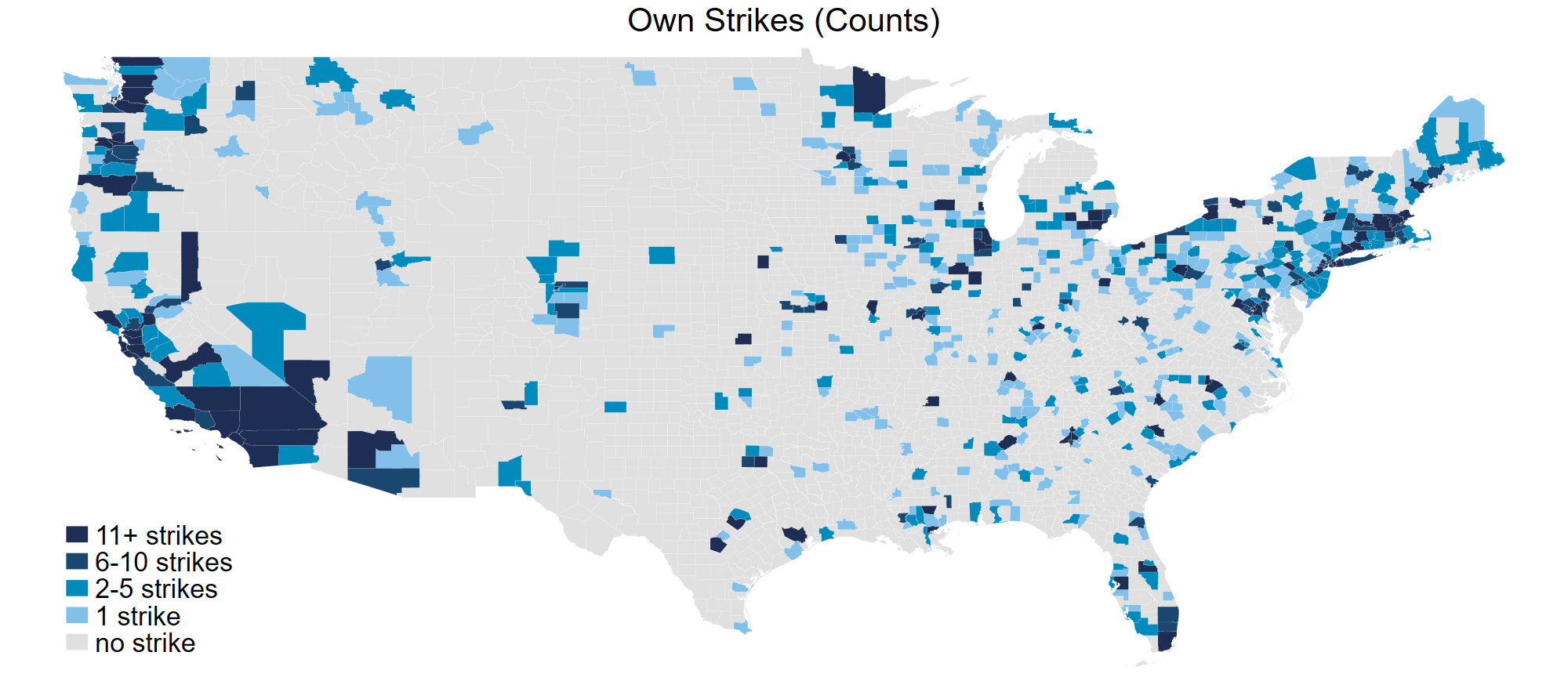 US county map: number of labor strikes per county, 2021–2024.